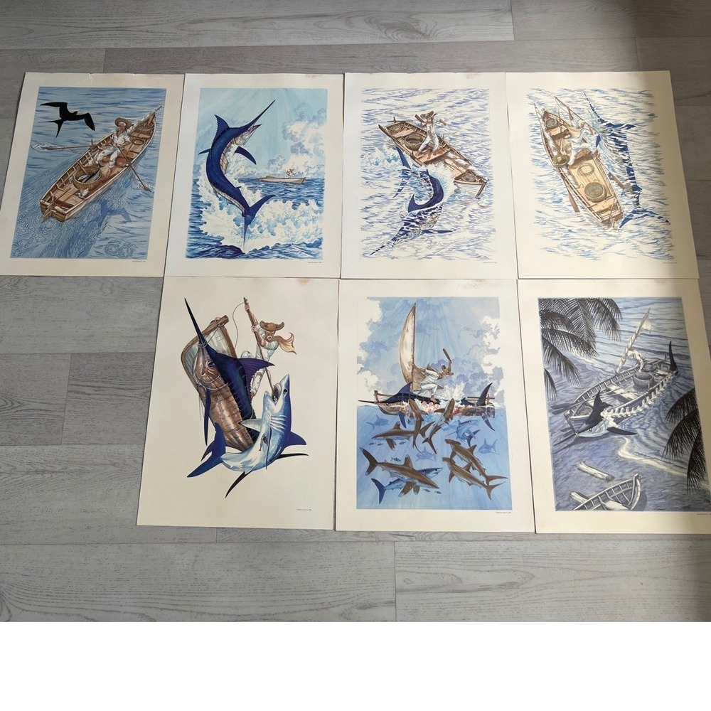 24"x18" Vintage Guy Harvey The Old Man and the Sea Color Print Portfolio Blue